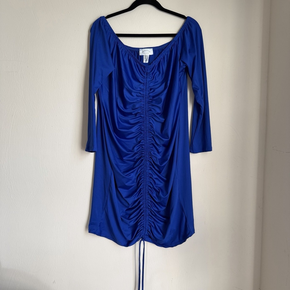 Janette Plus Blue Ruched‎ Bodycon Dress 1X Adjustable Mini Party Club
